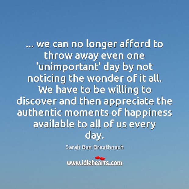 … we can no longer afford to throw away even one ‘unimportant’ day Sarah Ban Breathnach Picture Quote