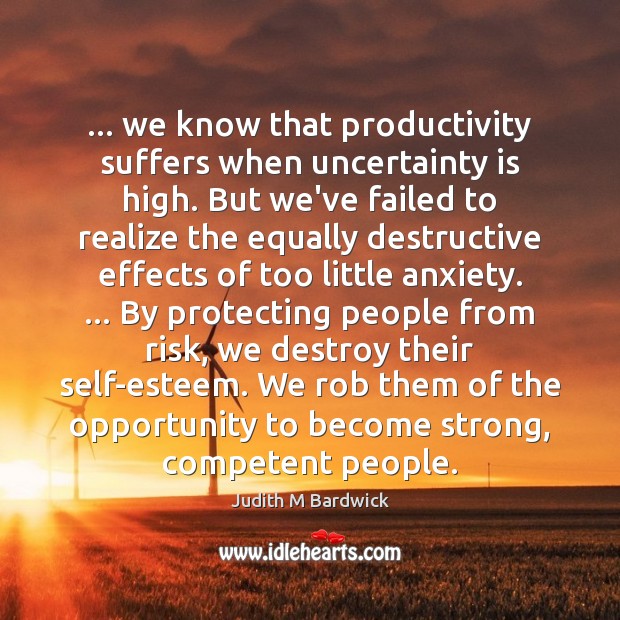 … we know that productivity suffers when uncertainty is high. But we’ve failed Judith M Bardwick Picture Quote