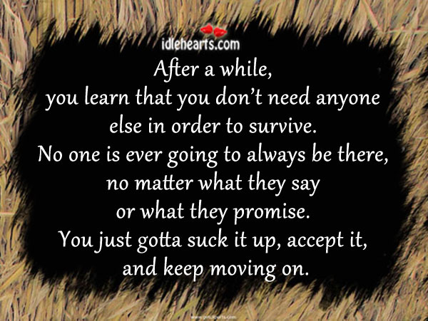 After a while, you learn that you don’t need anyone… Moving On Quotes Image