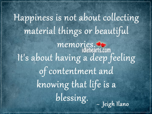 Happiness is not about collecting material things or Jeigh Ilano Picture Quote