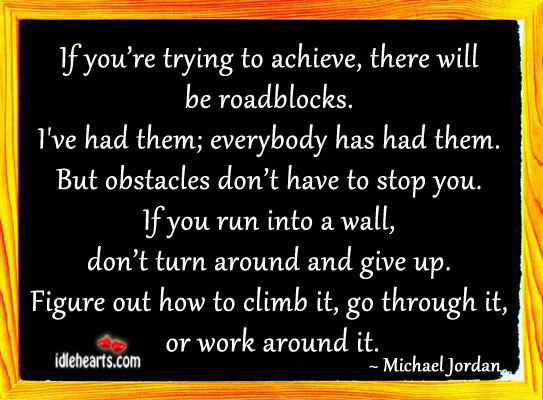 If you’re trying to achieve, there will be roadblocks. Michael Jordan Picture Quote