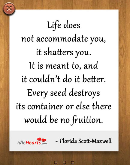 Life does not accommodate you, it shatters you. Florida Scott-Maxwell Picture Quote