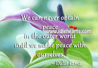 We can never obtain peace in the outer world Dalai Lama Picture Quote