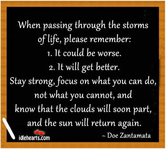 When passing through the storms of life. Stay strong. Doe Zantamata Picture Quote