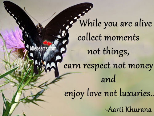 While you are alive collect moments not things, earn Aarti Khurana Picture Quote