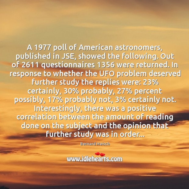 A 1977 poll of American astronomers, published in JSE, showed the following. Out Bernard Haisch Picture Quote