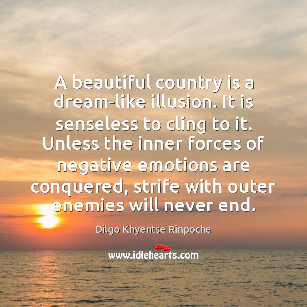 A beautiful country is a dream-like illusion. It is senseless to cling Dilgo Khyentse Rinpoche Picture Quote