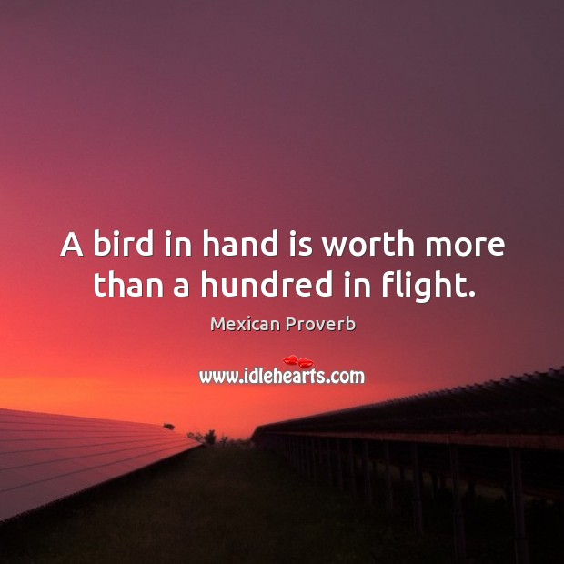 A bird in hand is worth more than a hundred in flight. Mexican Proverbs Image