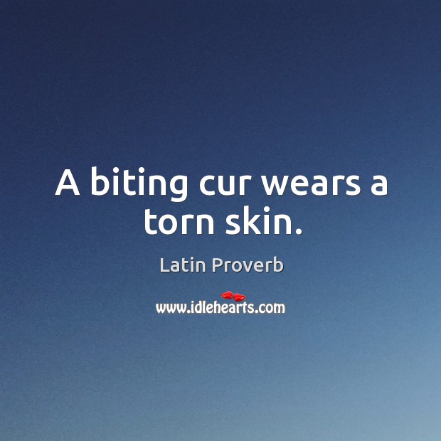 A biting cur wears a torn skin. Latin Proverbs Image