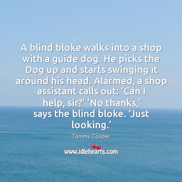 A blind bloke walks into a shop with a guide dog. He picks the dog up and starts swinging Image