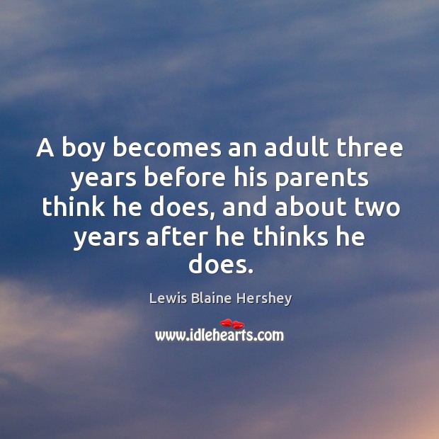 A boy becomes an adult three years before his parents think he does, and about two years after he thinks he does. Image