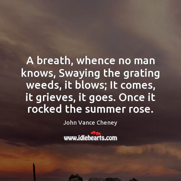 A breath, whence no man knows, Swaying the grating weeds, it blows; John Vance Cheney Picture Quote