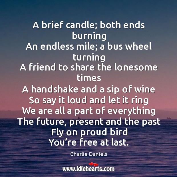 A brief candle; both ends burning an endless mile; a bus wheel turning, a friend to share the lonesome times Future Quotes Image