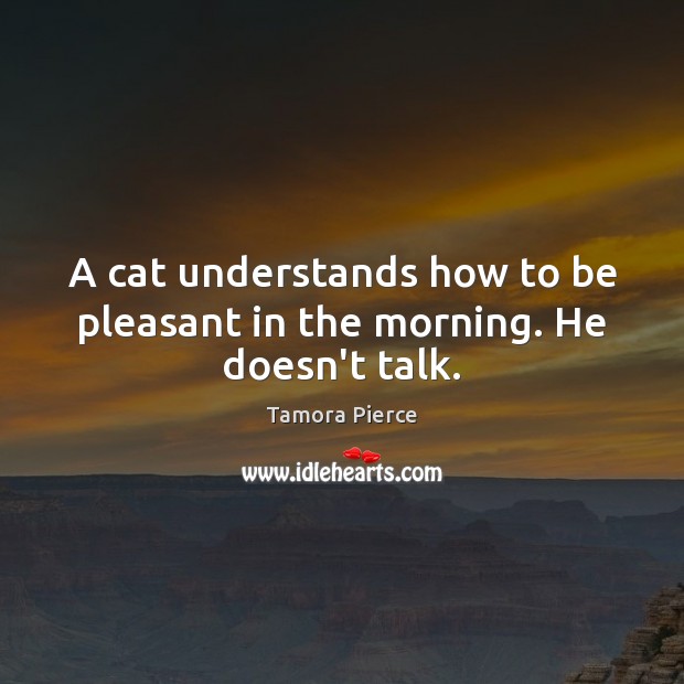 A cat understands how to be pleasant in the morning. He doesn’t talk. Tamora Pierce Picture Quote