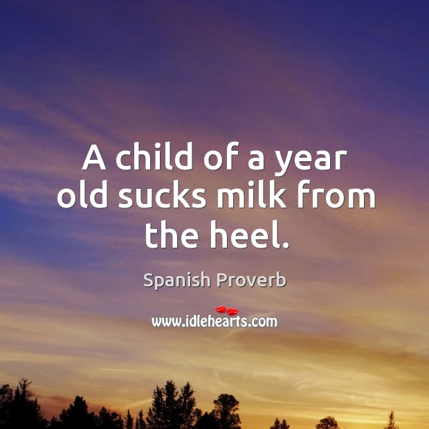 A child of a year old sucks milk from the heel. Image