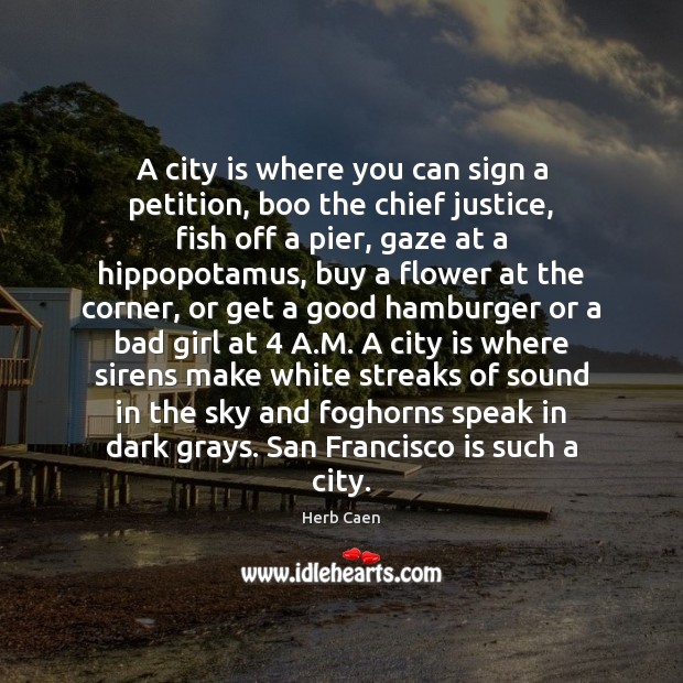 A city is where you can sign a petition, boo the chief Herb Caen Picture Quote