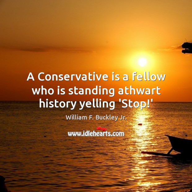 A Conservative is a fellow who is standing athwart history yelling ‘Stop!’ William F. Buckley Jr. Picture Quote