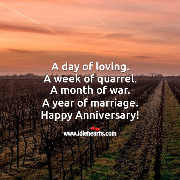 A day of loving. A week of quarrel. A month of war. A year of marriage. Funny Wedding Anniversary Messages Image