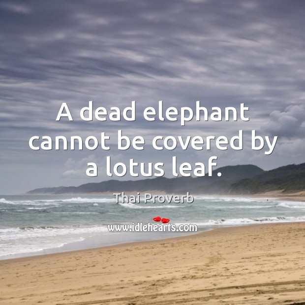 A dead elephant cannot be covered by a lotus leaf. Thai Proverbs Image