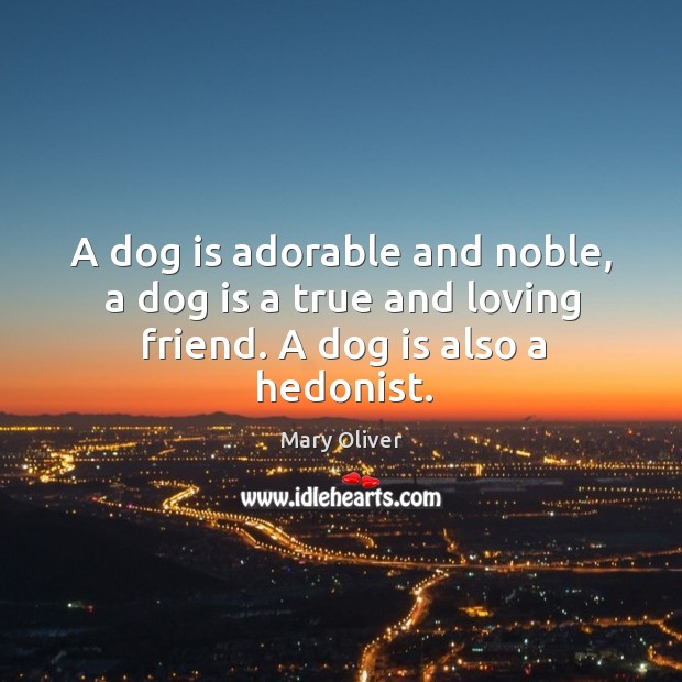 A dog is adorable and noble, a dog is a true and loving friend. A dog is also a hedonist. Mary Oliver Picture Quote