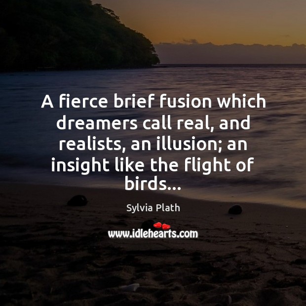 A fierce brief fusion which dreamers call real, and realists, an illusion; Sylvia Plath Picture Quote