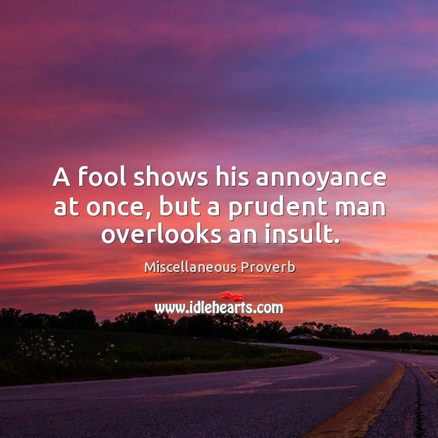 A fool shows his annoyance at once, but a prudent man overlooks an insult. Miscellaneous Proverbs Image