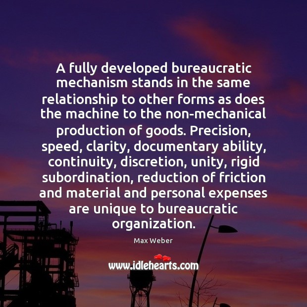 A fully developed bureaucratic mechanism stands in the same relationship to other Max Weber Picture Quote