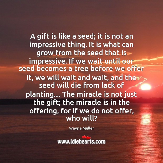 A gift is like a seed; it is not an impressive thing. Wayne Muller Picture Quote