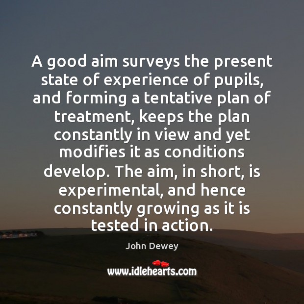 A good aim surveys the present state of experience of pupils, and John Dewey Picture Quote