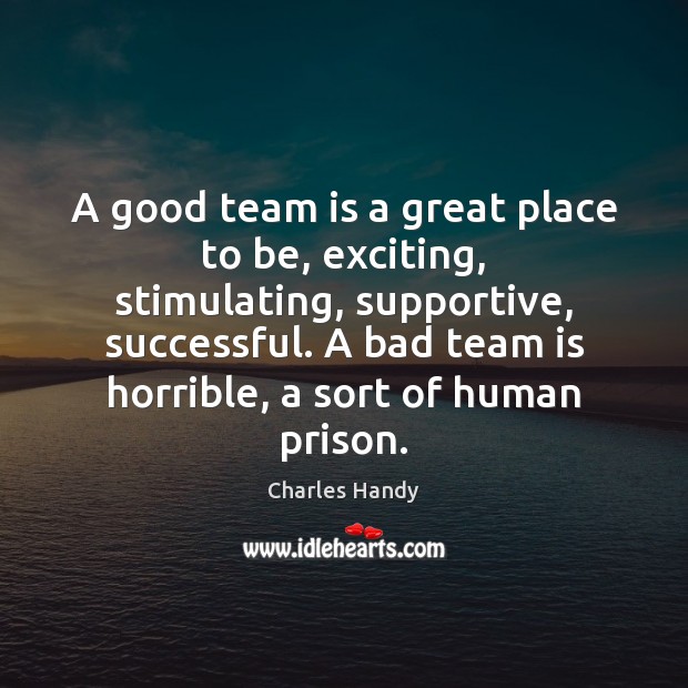 A good team is a great place to be, exciting, stimulating, supportive, Charles Handy Picture Quote