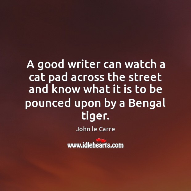 A good writer can watch a cat pad across the street and John le Carre Picture Quote