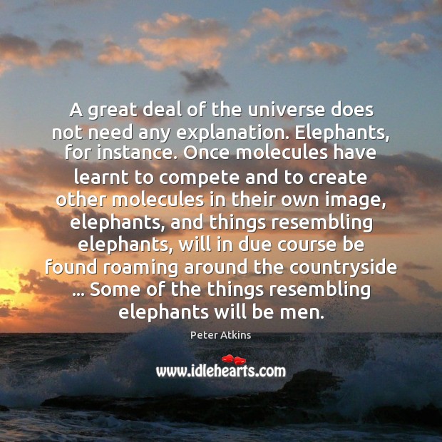 A great deal of the universe does not need any explanation. Elephants, Peter Atkins Picture Quote