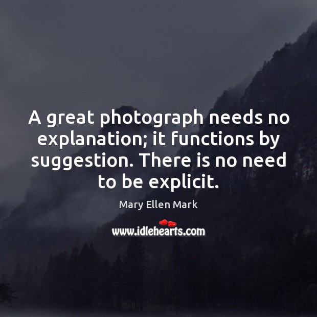 A great photograph needs no explanation; it functions by suggestion. There is Mary Ellen Mark Picture Quote