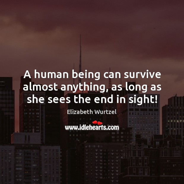 A human being can survive almost anything, as long as she sees the end in sight! Elizabeth Wurtzel Picture Quote