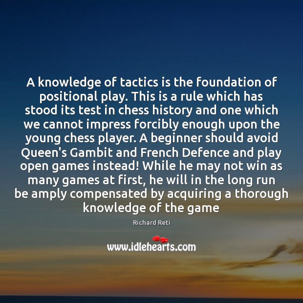 A knowledge of tactics is the foundation of positional play. This is Richard Reti Picture Quote