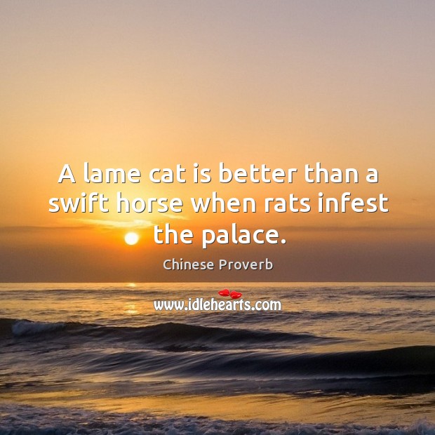 A lame cat is better than a swift horse when rats infest the palace. Chinese Proverbs Image