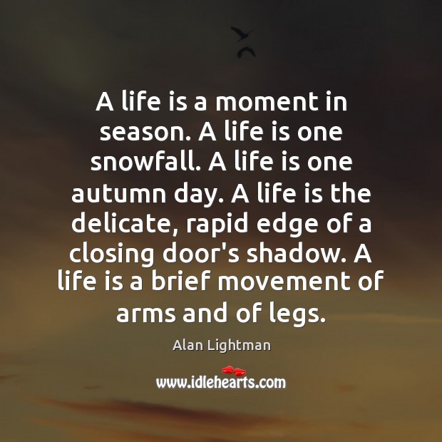 A life is a moment in season. A life is one snowfall. Alan Lightman Picture Quote