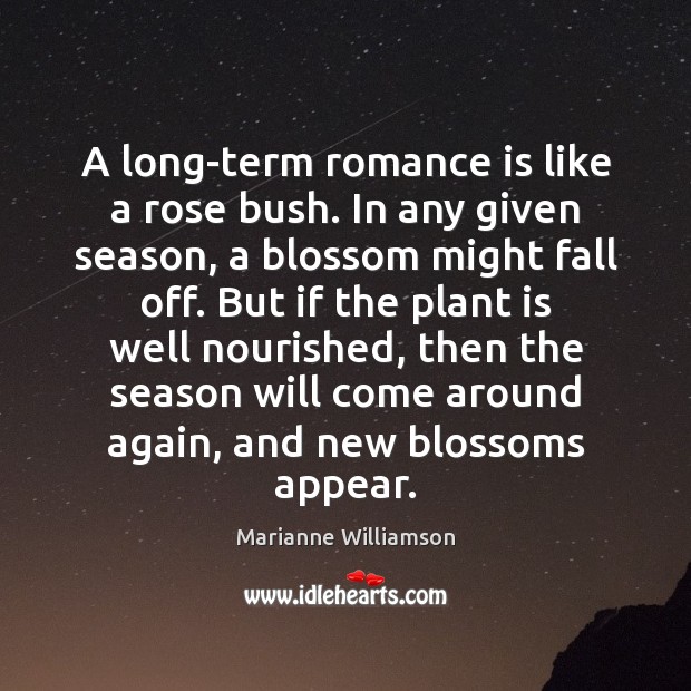 A long-term romance is like a rose bush. In any given season, Marianne Williamson Picture Quote