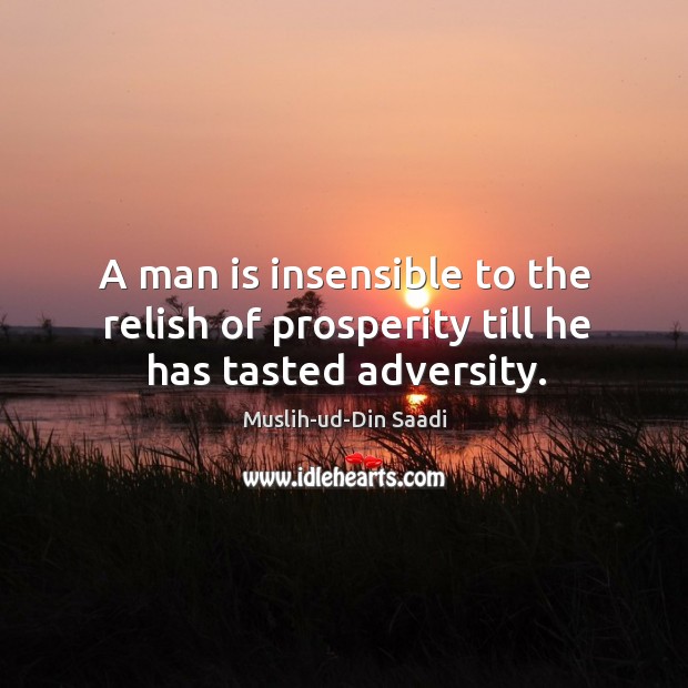 A man is insensible to the relish of prosperity till he has tasted adversity. Muslih-ud-Din Saadi Picture Quote