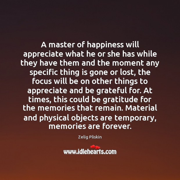 A master of happiness will appreciate what he or she has while Zelig Pliskin Picture Quote