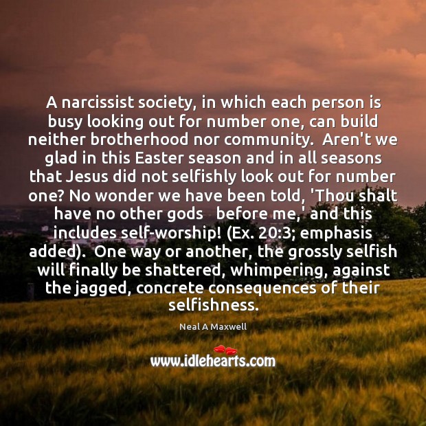 A narcissist society, in which each person is busy looking out for 