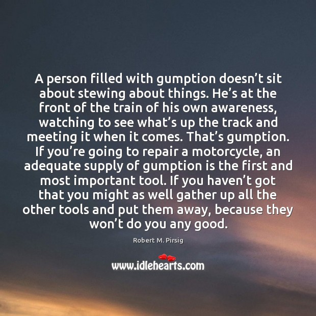 A person filled with gumption doesn’t sit about stewing about things. Robert M. Pirsig Picture Quote