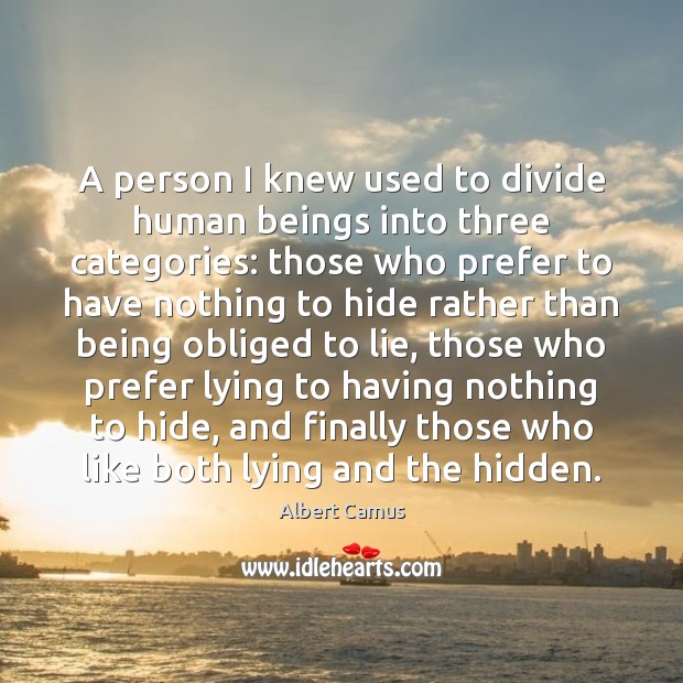 A person I knew used to divide human beings into three categories: Albert Camus Picture Quote
