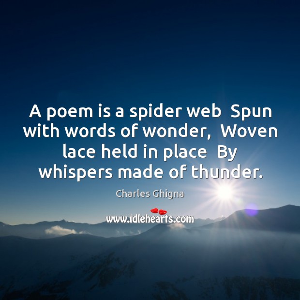 A poem is a spider web  Spun with words of wonder,  Woven Charles Ghigna Picture Quote