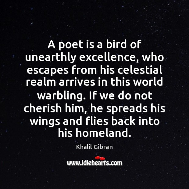 A poet is a bird of unearthly excellence, who escapes from his Khalil Gibran Picture Quote