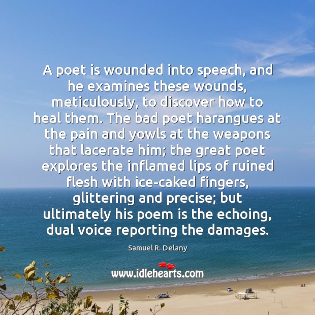 A poet is wounded into speech, and he examines these wounds, meticulously, Samuel R. Delany Picture Quote