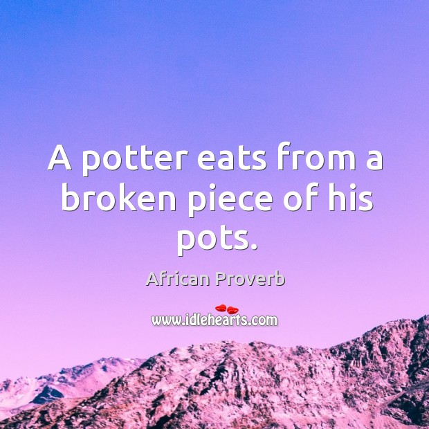 A potter eats from a broken piece of his pots. Image