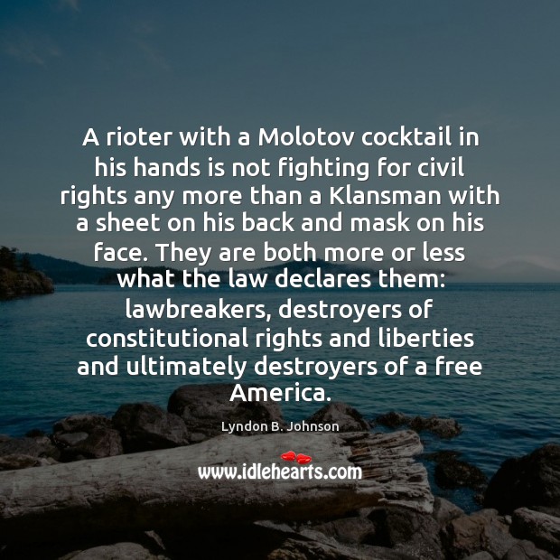 A rioter with a Molotov cocktail in his hands is not fighting Lyndon B. Johnson Picture Quote