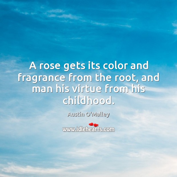 A rose gets its color and fragrance from the root, and man his virtue from his childhood. Austin O’Malley Picture Quote