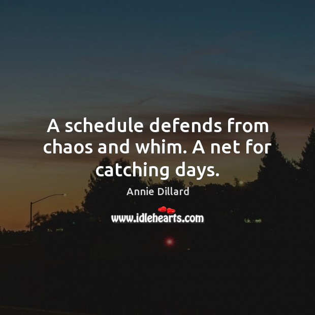A schedule defends from chaos and whim. A net for catching days. Annie Dillard Picture Quote